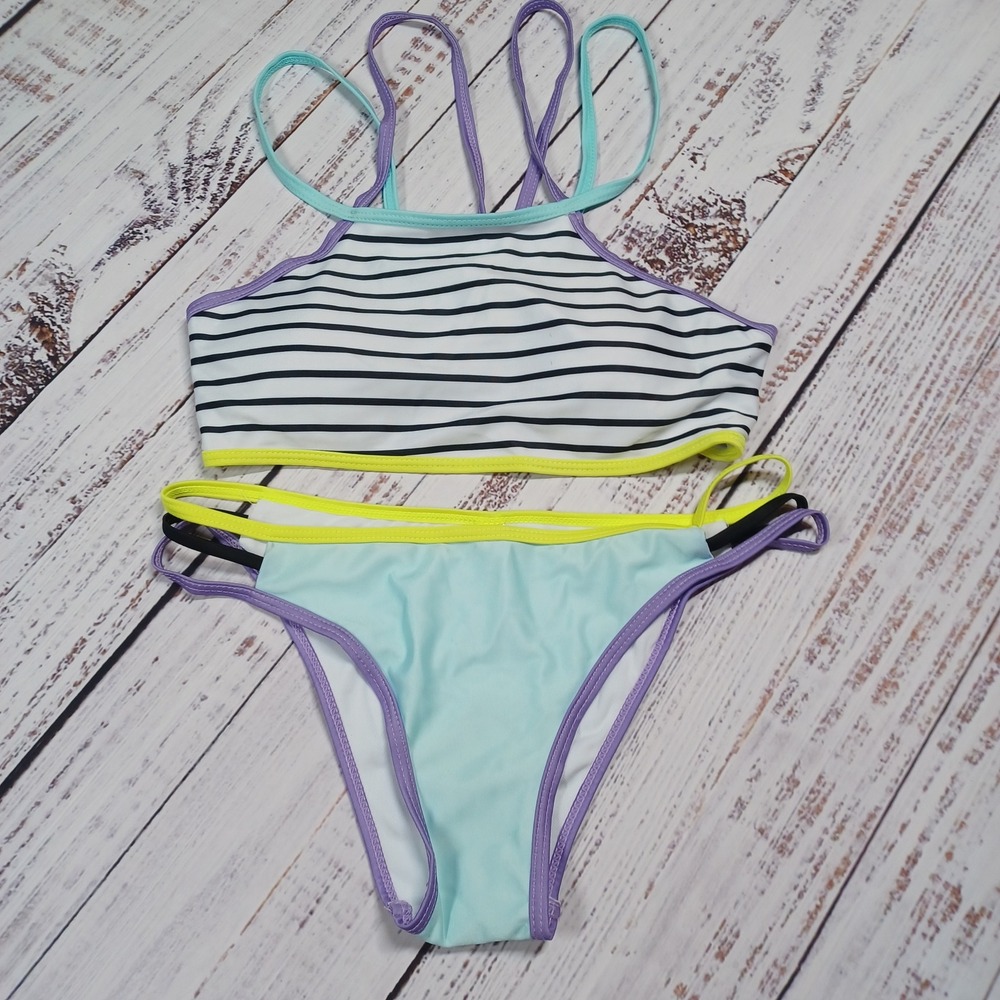 Unbranded Bikini Swimsuit Women M Multicolor NWOT Striped Strappy High Neck